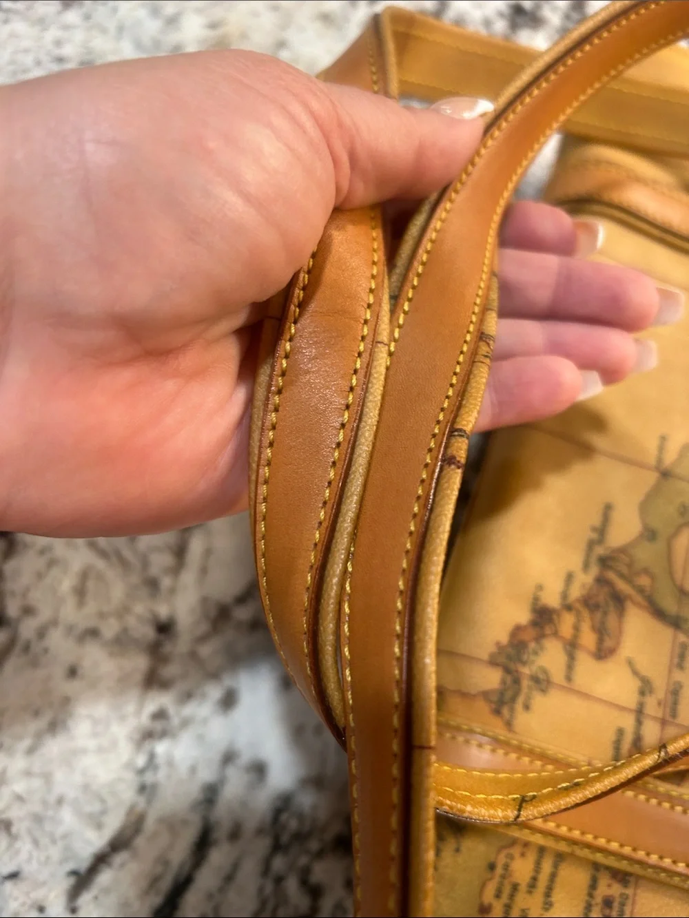 Alviero Martini vtg Tan Map-Print Zip Tote Bag EUC